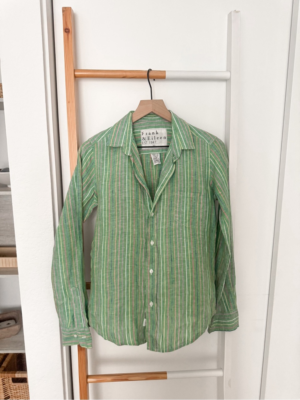 Frank & Eileen Eileen Relaxed Button-Up Shirt Green Multi Stripe Linen - Picture 4 of 12
